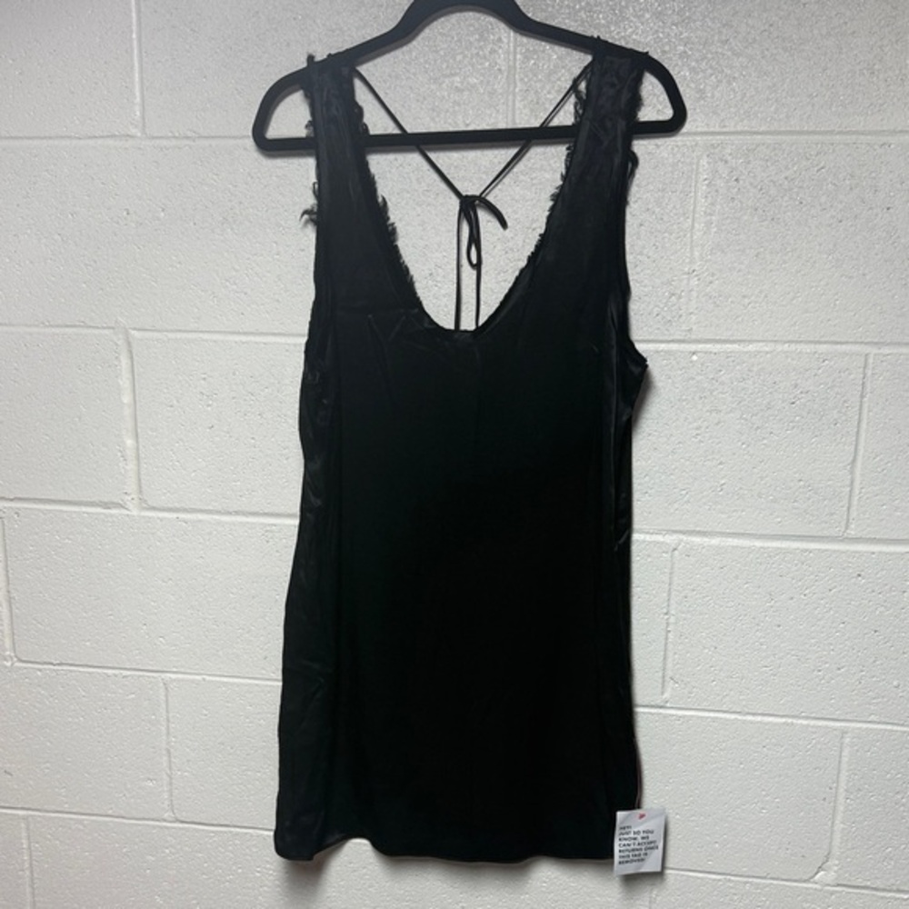 Topshop Black Frayed Edge Satin Feel Dress Raw Neckline Tie Back Size 6